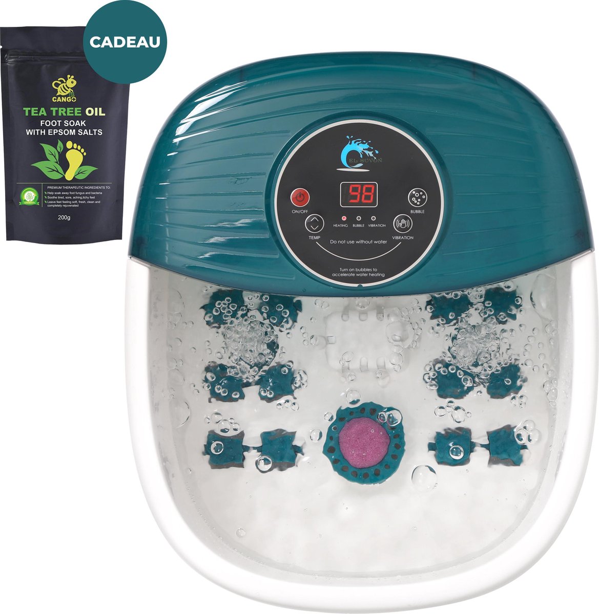 El suvon® Voetenbad met Eeltverwijderaar - Elektrisch Verwarmd Voetenbad met massage Rollers - Voetmassage met zoutbad - Instelbare Warmte tot 48°C - Bubbelstraal