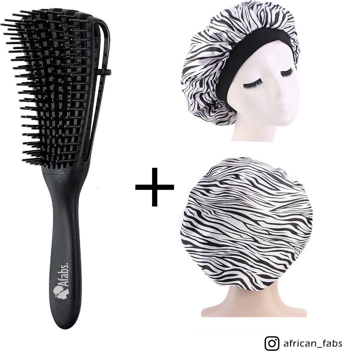 Afabs® Zwarte Anti-klit Haarborstel + Witte tijger print satijnen slaapmuts | Detangler brush | Detangling brush | Satin cap / Hair bonnet / Satijnen nachtmuts / Satin bonnet | Kam voor Krullen | Kroes haar borstel