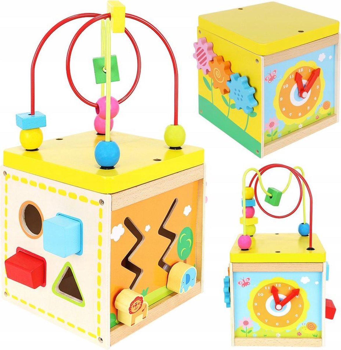 Kralenspiraal met Klok - Activiteitenkubus - Multi Fuctioneel Kubus - Educatieve Kubus - Kralenspiraal - Hout - 5 in 1 Educatieve Houten Kubussen - Kubus Met Kralenspiraal - Houtenspeelgoed - Educatief Speelgoed - Motoriek trainer - vanaf 6 Maanden