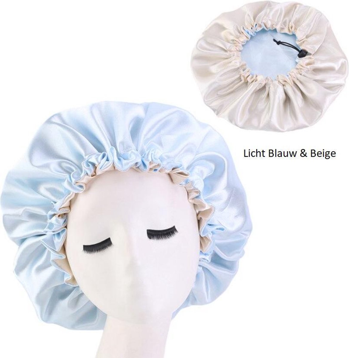 Bonnet Satijn|Slaapmuts Satijn|Hoofddeksel|Verstelbaar|Cabantis|Beige|Licht Blauw