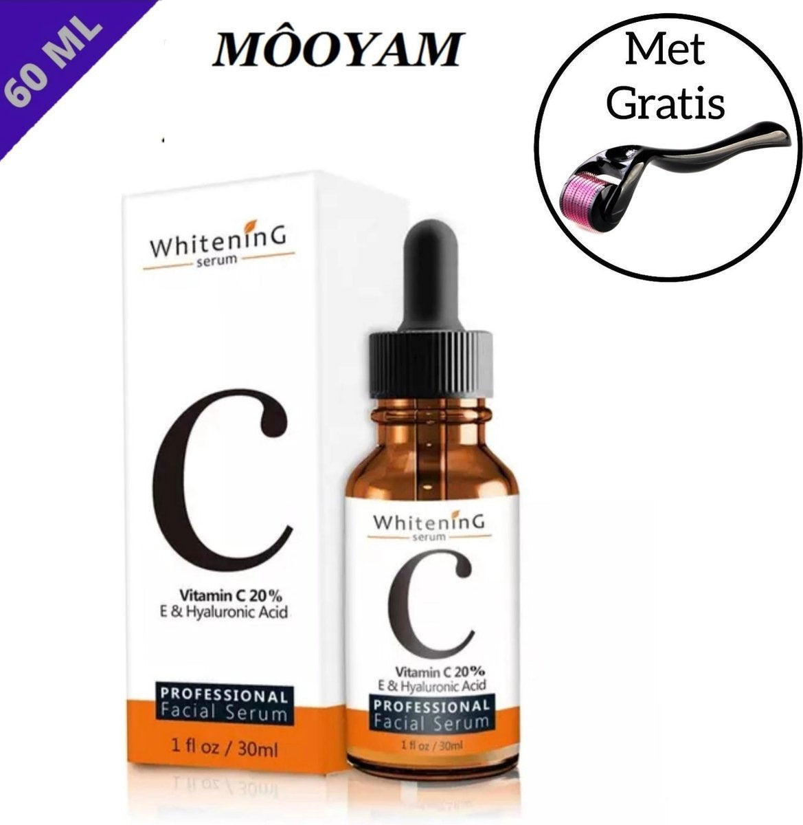 MÔOYAM Vitamine C Serum - Vitamine E - Hyaluronic acid - Facial serum - Gezichtsserum - Anti Rimple - Huid Herstellend - Anti Aging - 60ML - Met Gratis Masker Samples & Derma Roller