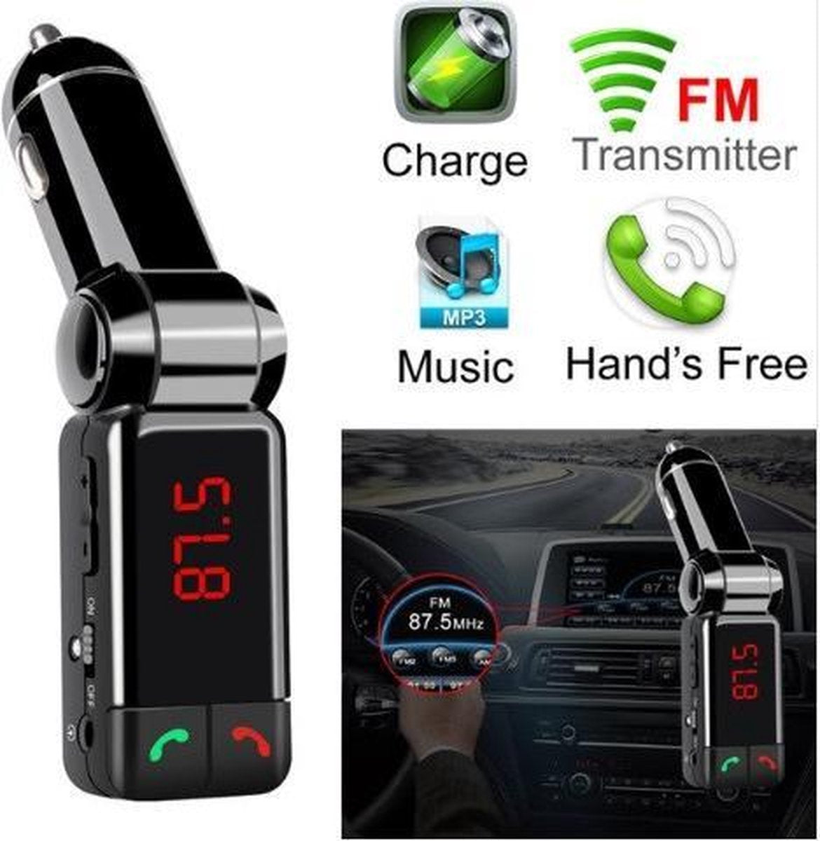 DrPhone BC3 - 5 in 1 Universele Draadloze Bluetooth Handsfree-carkit met FM transmitter/ AUX ingang/ SD + micro usb kaart