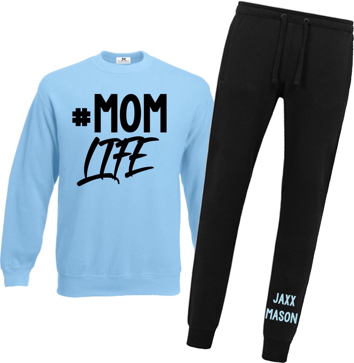 Joggingpak dames-#momlife met kindernaam-namen-blauw-zwart-Maat Xl