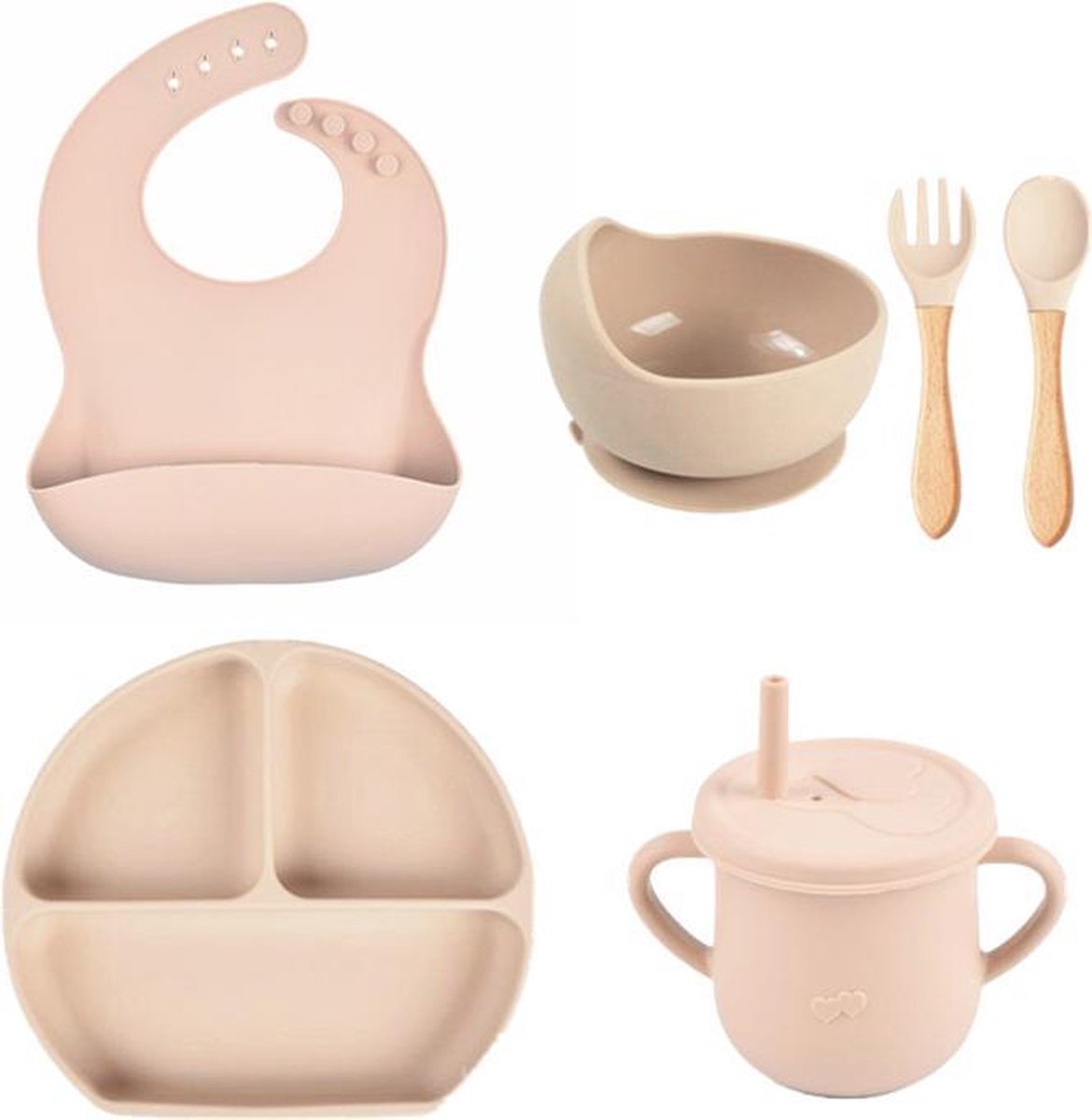 Baby Siliconen 6-delig / kinderservies voor Baby / Peuter - Uni / Jongen / Meisje - Onbreekbaar - Mag in de Vaatwasser - Ovenbestendig  / Antislip / Plaat - Kom -Slabbetje - Beker - Lepel & Vork