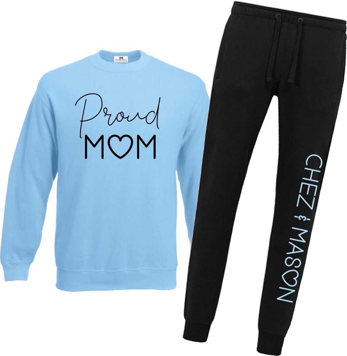 Joggingpak dames blauw-proud mom met naam-namen-lichtblauw-zwart-Maat Xl