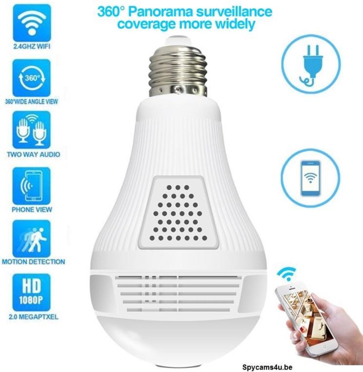 Verborgen camera in lamp | 360 Graden panoramische lamp | E27 fitting | Bewegingsdetectie | Spy camera | 1080P hidden camera | 2 richting communicatie