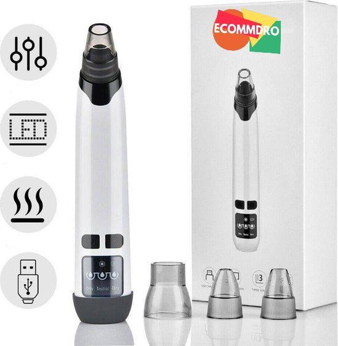 Ecommdro BR40 – 2-in-1 Blackhead Remover – Verwarmingselement -  4 Opzetstukken
