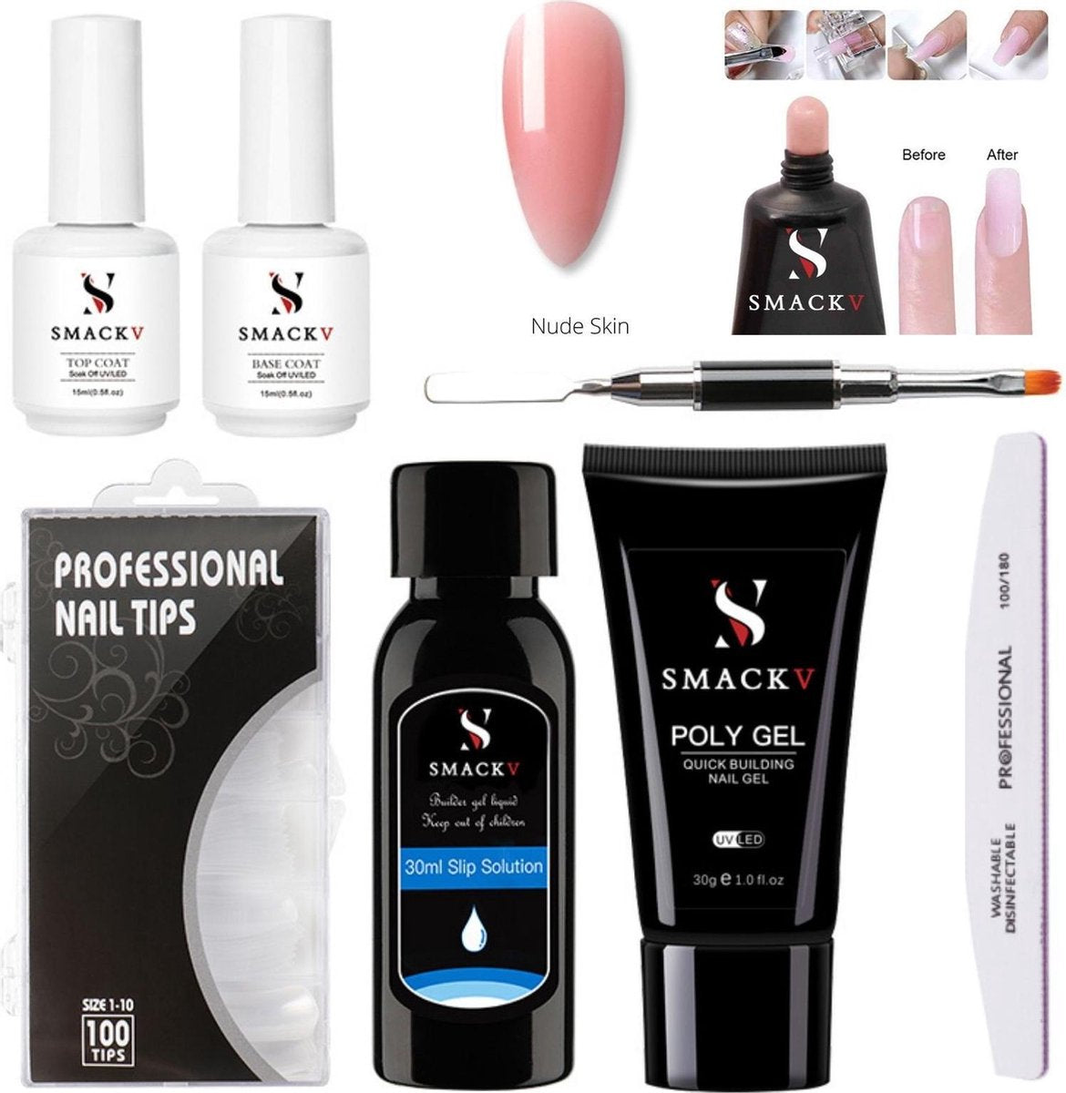 SMACKV® Poly Gel Kit - Gellak starter pakket incl. Poly Gel Acryl nagels Nude - Nageltip - Nagelvijl - Slip Solution - Base & Top Coat 15ml - Dual kwast