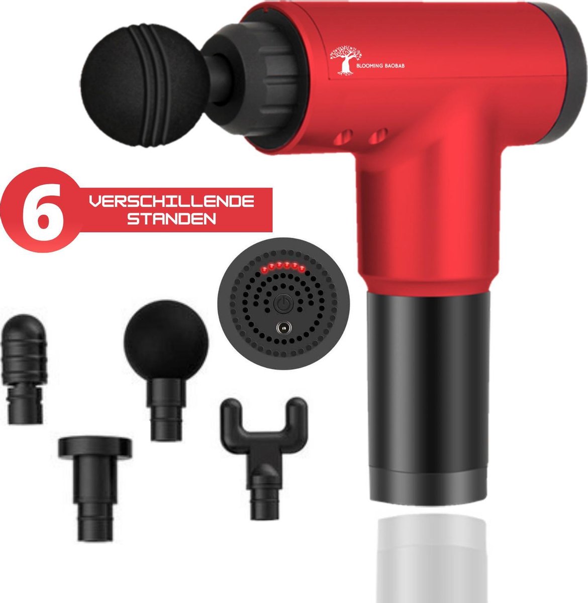 Blooming Baobab Professionele Massage Gun incl. 4 Opzetstukken – Massage Pistool – Lange Accuduur – Krachtpatser met 3200RPM - Rood