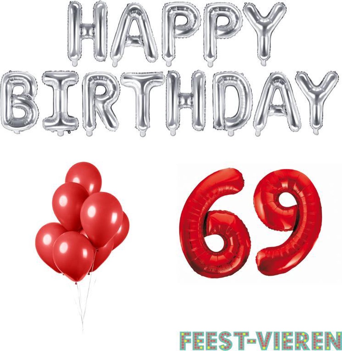 69 jaar Verjaardag Versiering Ballon Pakket Rood & Zilver