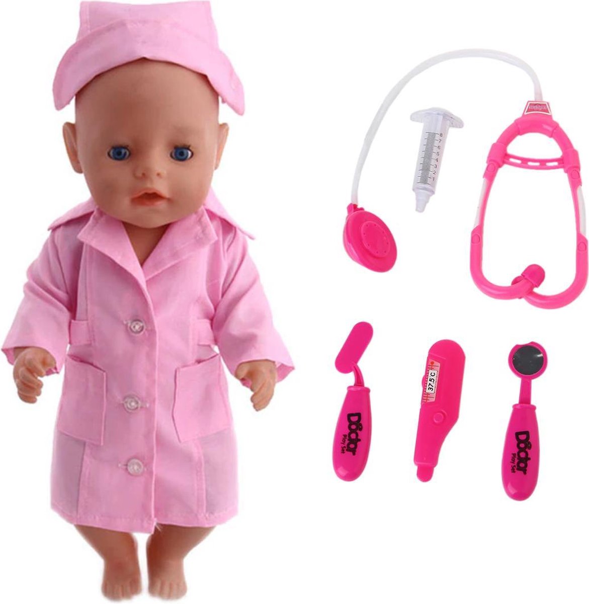 Dolldreams poppenkleding - Zuster speelset geschikt voor pop met lengte 39-43 cm zoals Baby Born - Roze Doktersjas