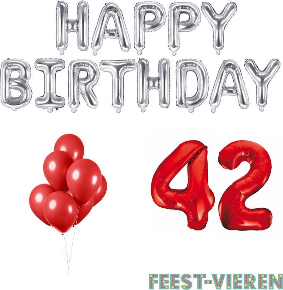 42 jaar Verjaardag Versiering Ballon Pakket Rood & Zilver