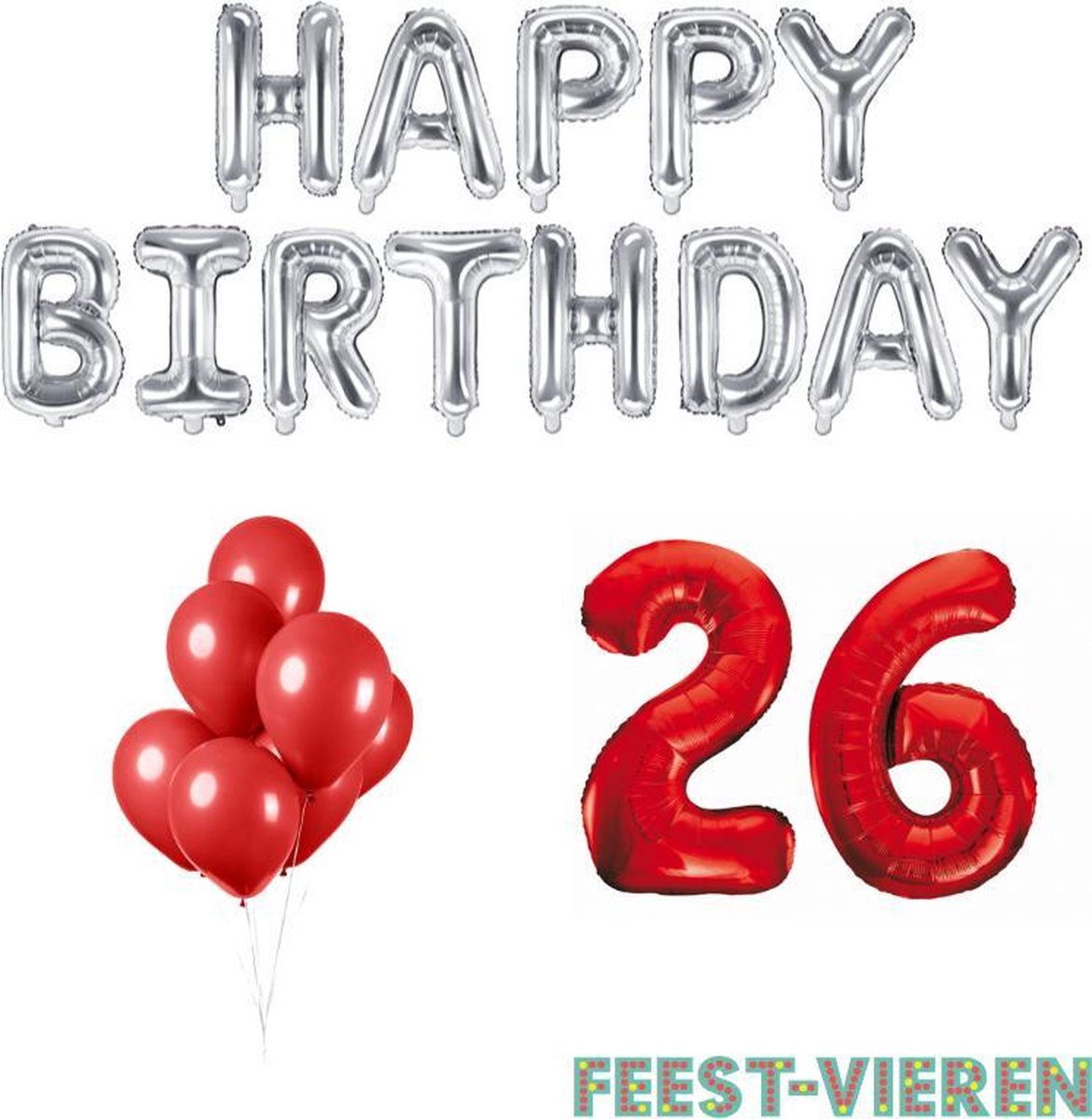 26 jaar Verjaardag Versiering Ballon Pakket Rood & Zilver