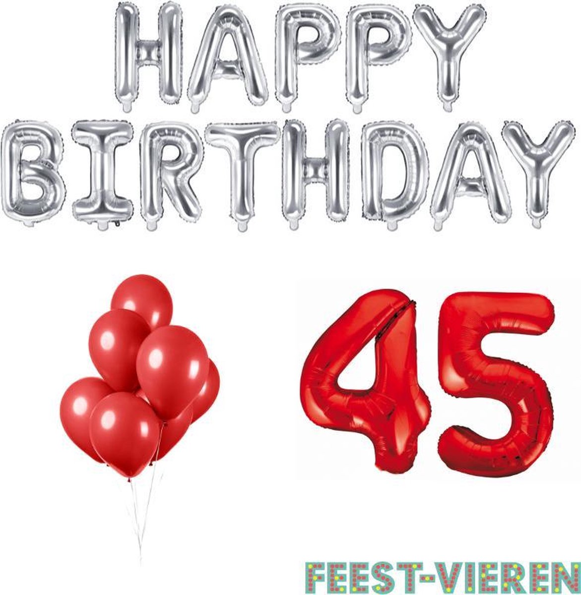45 jaar Verjaardag Versiering Ballon Pakket Rood & Zilver