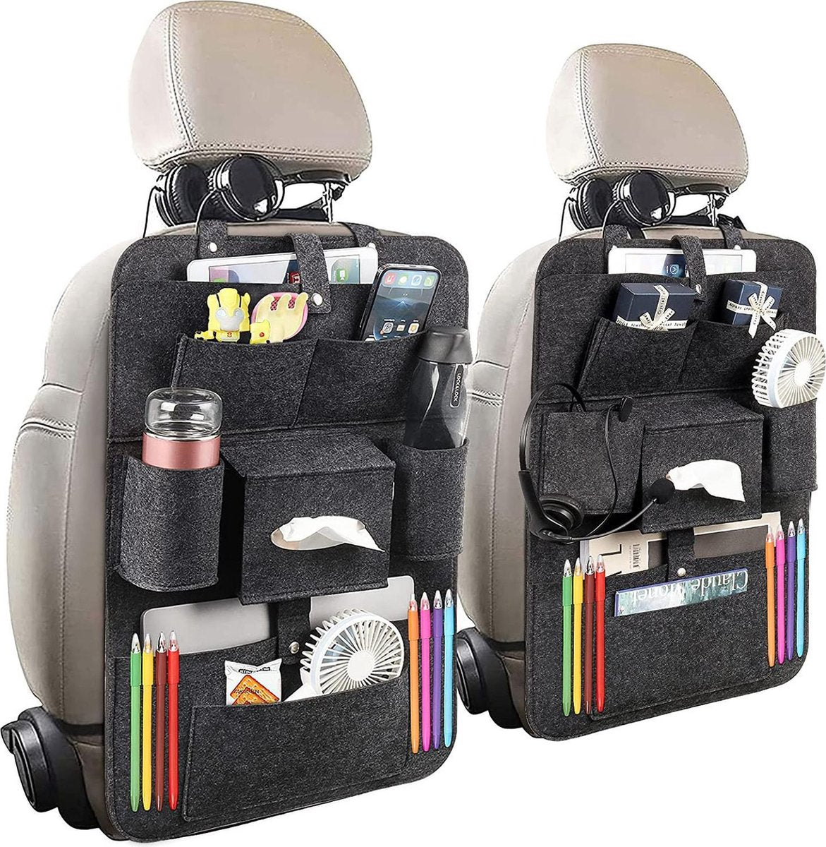 organizix® - Auto organizer 2x - auto organizer autostoel - auto organizer met tablethouder - auto organizer kinderen - luxe uitstraling - grijze viltstof