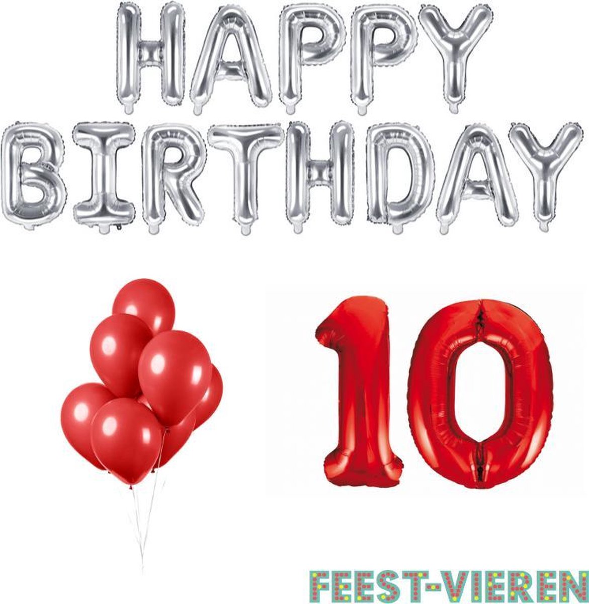 10 jaar Verjaardag Versiering Ballon Pakket Rood & Zilver