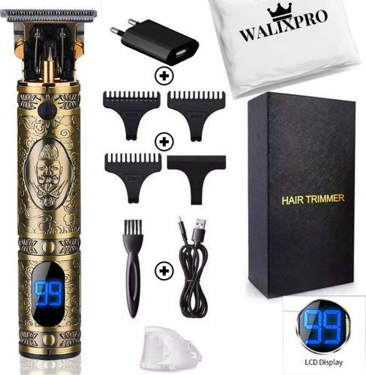 tondeuse met display - professionele trimmerset - baard - scheerapparaat – goud  - contouren - opzetstukken 1mm - 2mm - 3mm