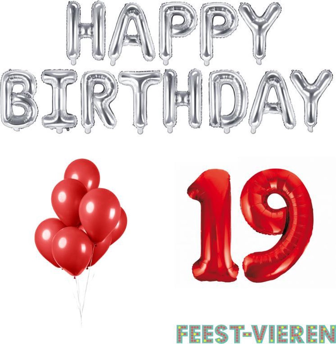 19 jaar Verjaardag Versiering Ballon Pakket Rood & Zilver