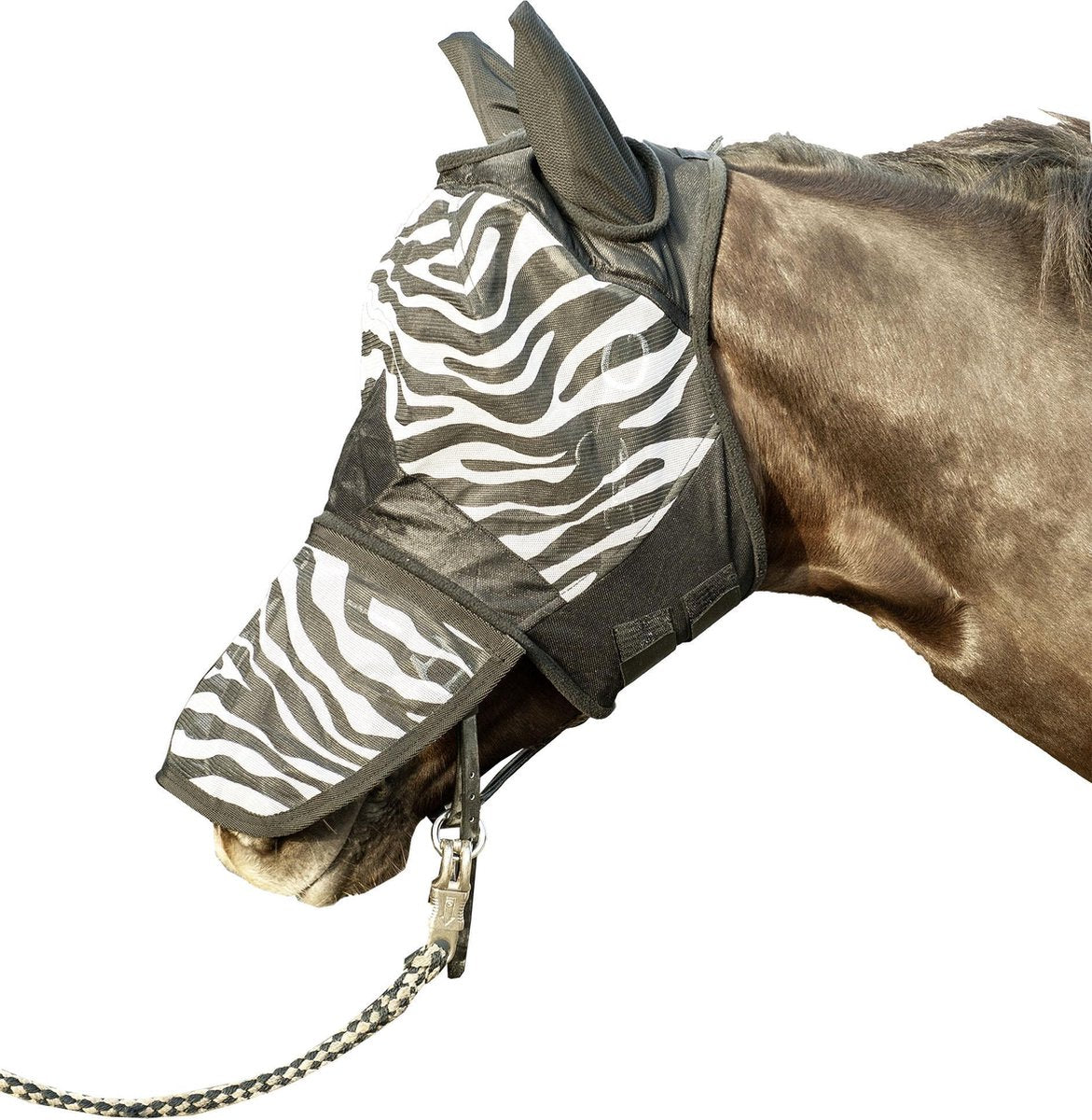 Vliegenmasker Zebra met neusnetje wit/zwart maat Cob