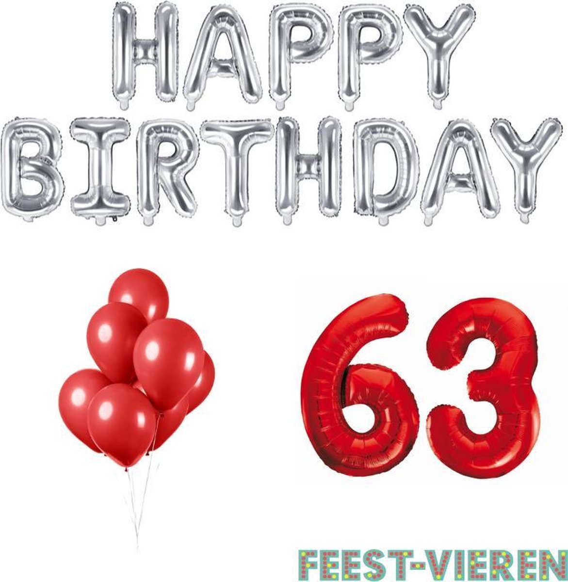 63 jaar Verjaardag Versiering Ballon Pakket Rood & Zilver
