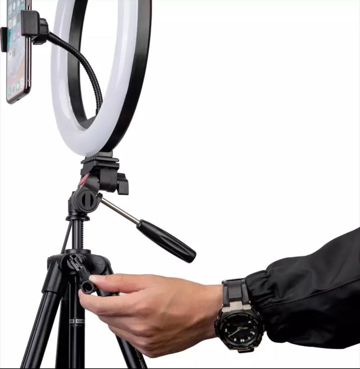 Selfie LED Ring Lamp 26Cm met Spiegel en Professioneel Universeel Camera Statief Inc. Bluetooth Shotter