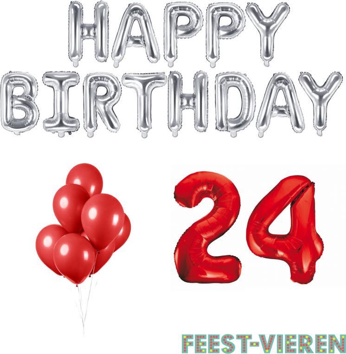24 jaar Verjaardag Versiering Ballon Pakket Rood & Zilver