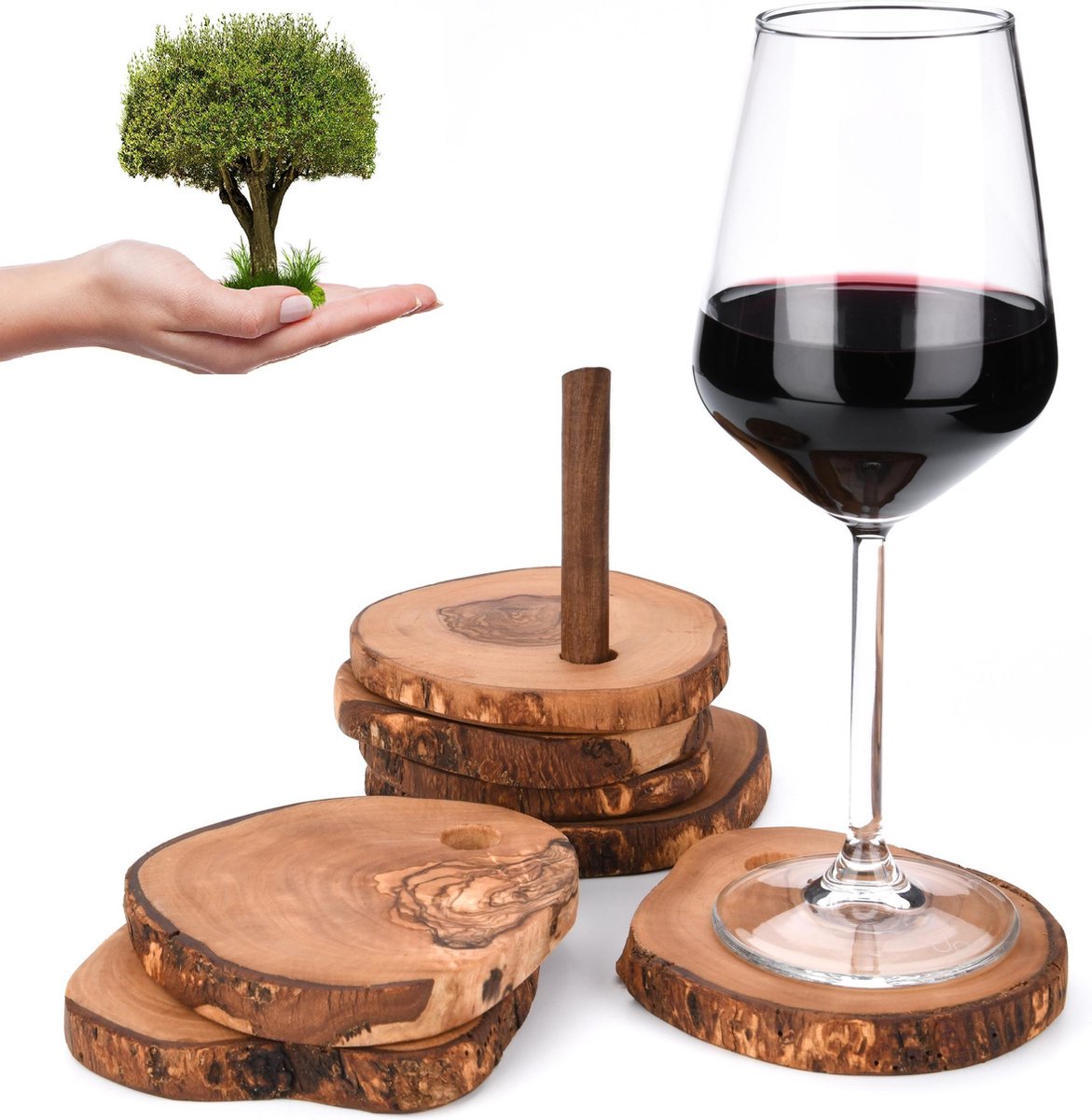 OLIVIEU ~ Handgemaakte Luxe Olijfhouten / Houten Onderzetters & Onderleggers voor Glazen ~  6 Stuks met Rank ~ Coaster Grossique ~ Duurzaam Cadeau Interieur