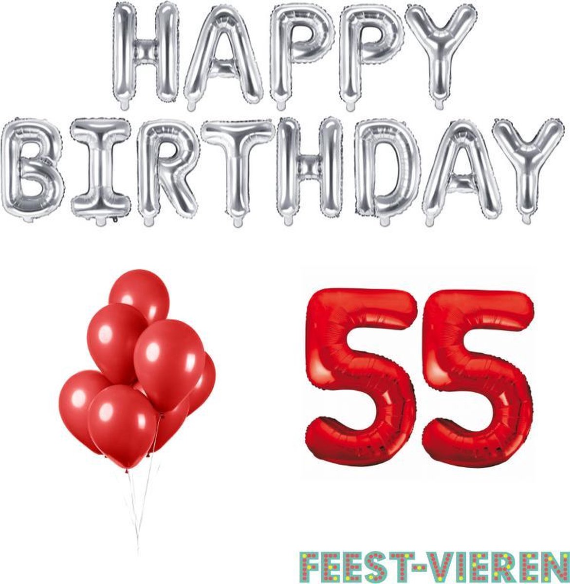 55 jaar Verjaardag Versiering Ballon Pakket Rood & Zilver