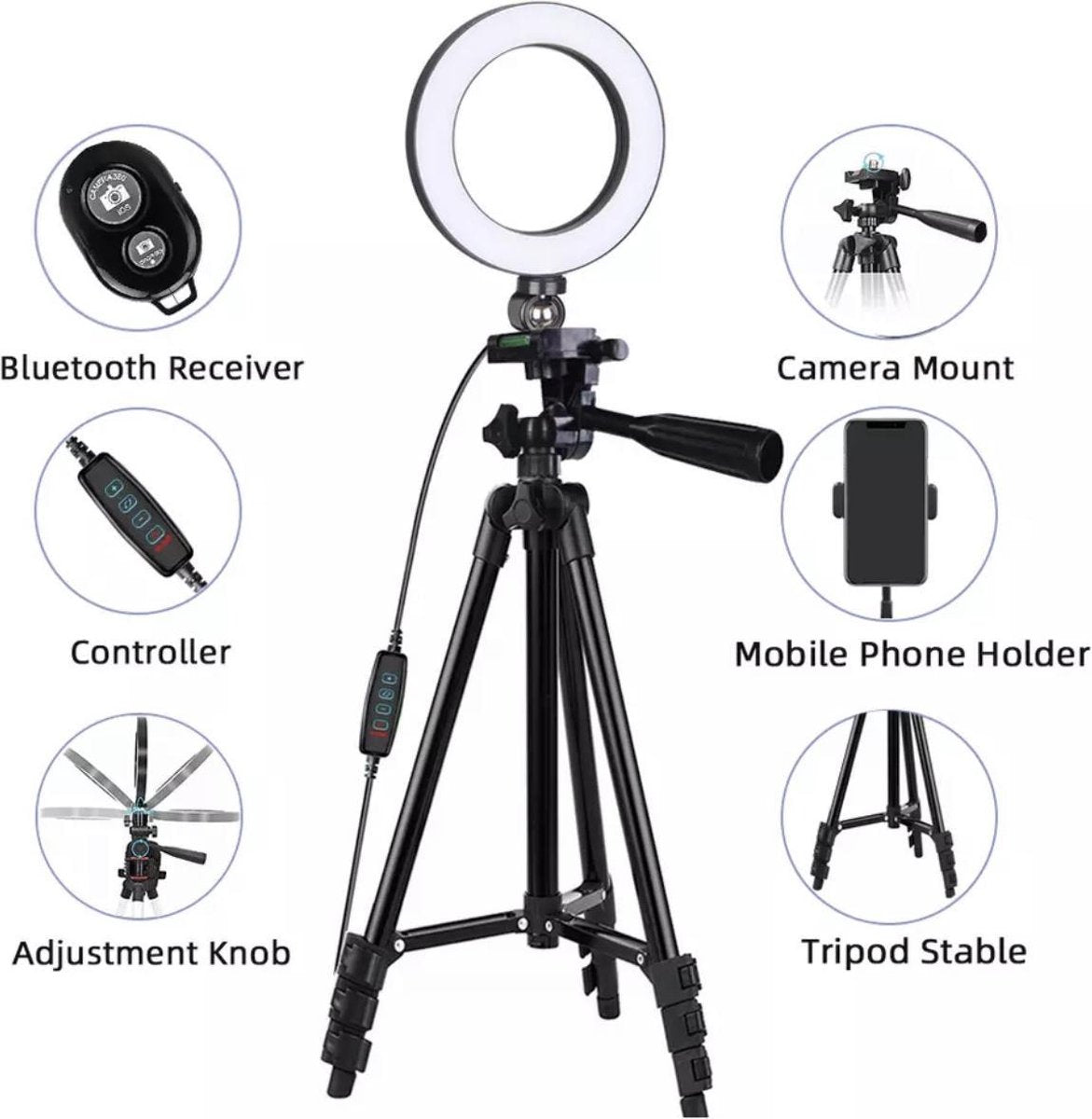 Selfie LED Ring Light 20CM met Tripod Camera Statief 102 Cm Hoog Zwart + Bluetooth Shutter afstandsbediening en Telefoonhouder Smartphone
