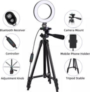 Selfie LED Ring Light 20CM met Tripod Camera Statief 102 Cm Hoog Zwart + Bluetooth Shutter afstandsbediening en Telefoonhouder Smartphone