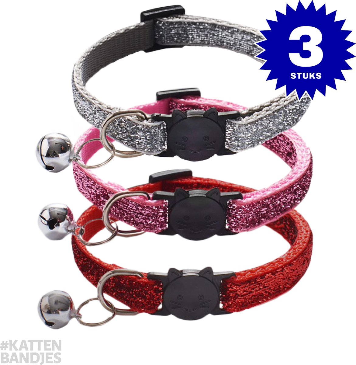 Halsband kat | Kattenhalsband | Kitten | Kattenhalsbandjes met veiligheidssluiting en belletje in 3 glitter kleuren - 3-pack