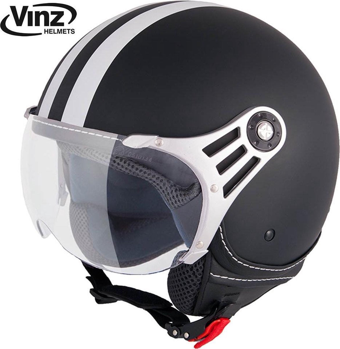 Vinz Fiori Jethelm Mat Zwart met Witte Strepen / Scooterhelm / Brommerhelm / Motorhelm / Fashionhelm voor Scooter / Vespa / Brommer / Motor