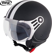 Vinz Fiori Jethelm Mat Zwart met Witte Strepen / Scooterhelm / Brommerhelm / Motorhelm / Fashionhelm voor Scooter / Vespa / Brommer / Motor