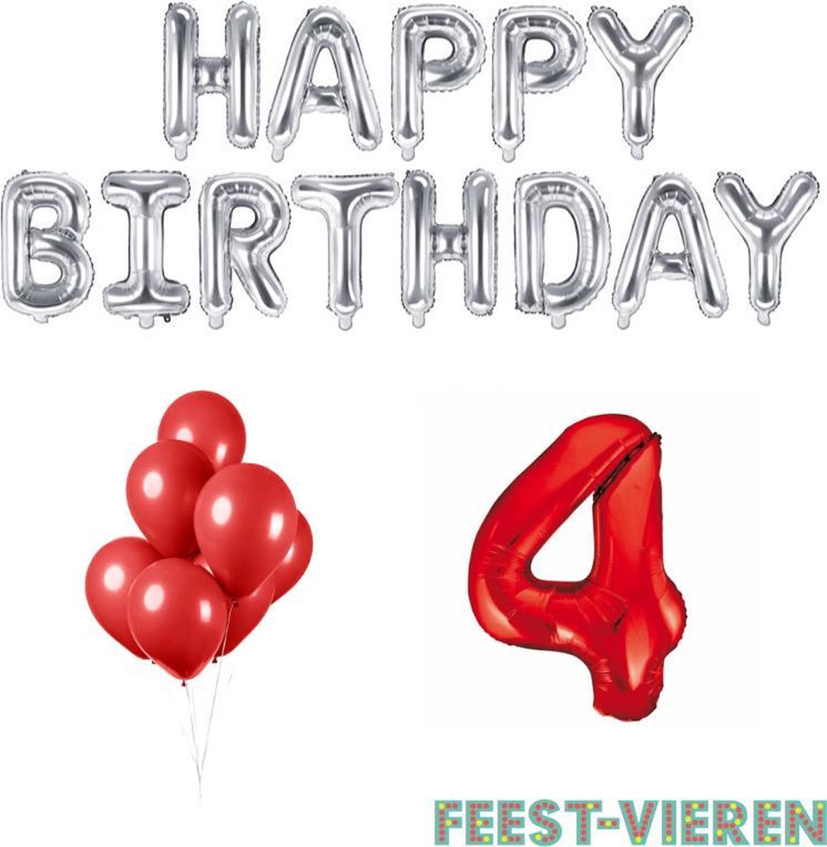 4 jaar Verjaardag Versiering Ballon Pakket Rood & Zilver