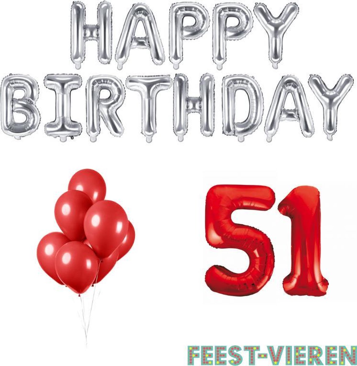 51 jaar Verjaardag Versiering Ballon Pakket Rood & Zilver