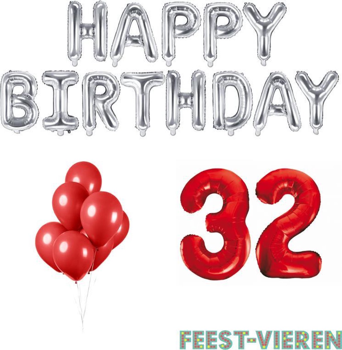 32 jaar Verjaardag Versiering Ballon Pakket Rood & Zilver