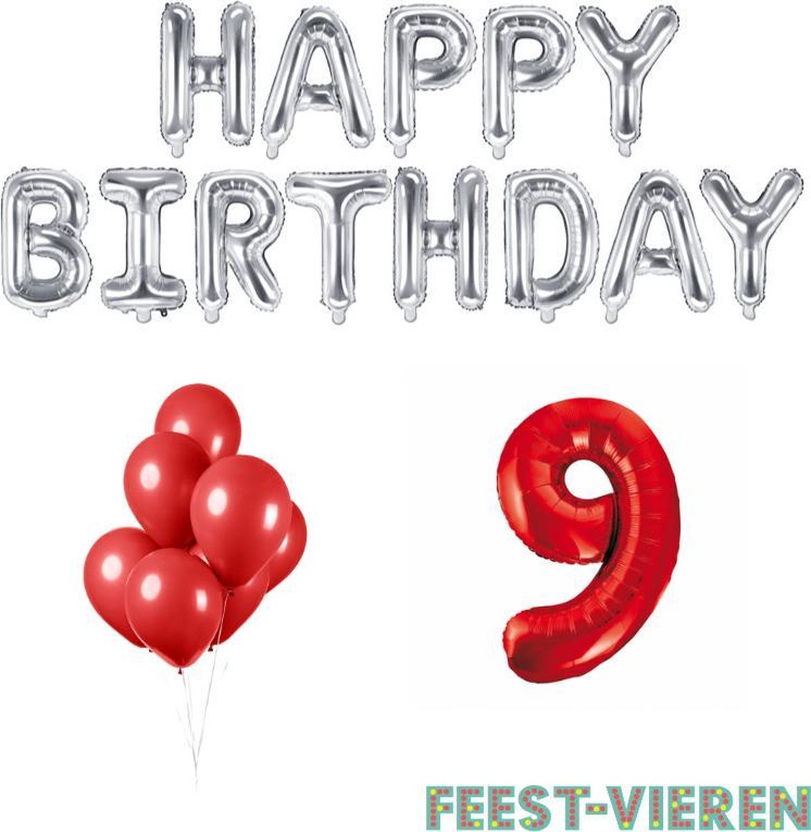 9 jaar Verjaardag Versiering Ballon Pakket Rood & Zilver