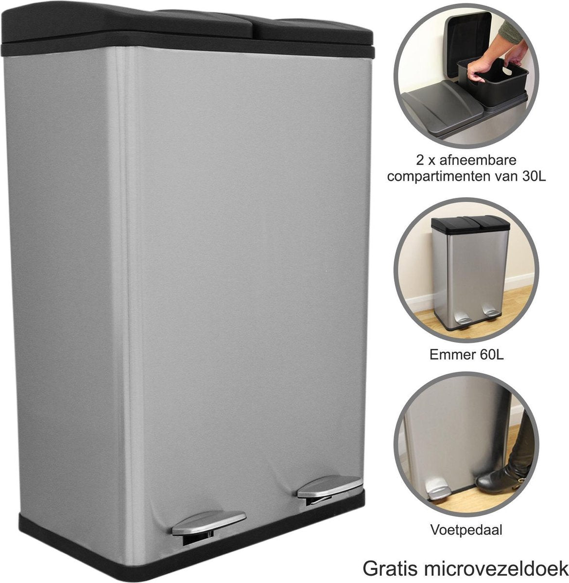 Dubbele Pedaalemmer - Zilver - Twee compartimenten - 60 liter algehele capaciteit - Recycling Prullenbak