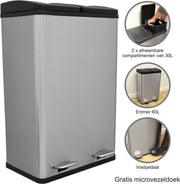 Dubbele Pedaalemmer - Zilver - Twee compartimenten - 60 liter algehele capaciteit - Recycling Prullenbak