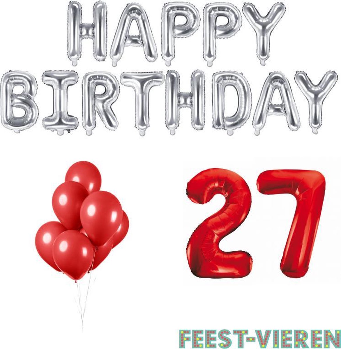 27 jaar Verjaardag Versiering Ballon Pakket Rood & Zilver