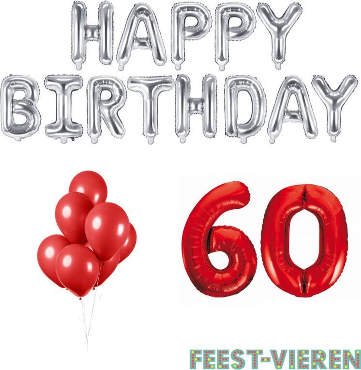 60 jaar Verjaardag Versiering Ballon Pakket Rood & Zilver