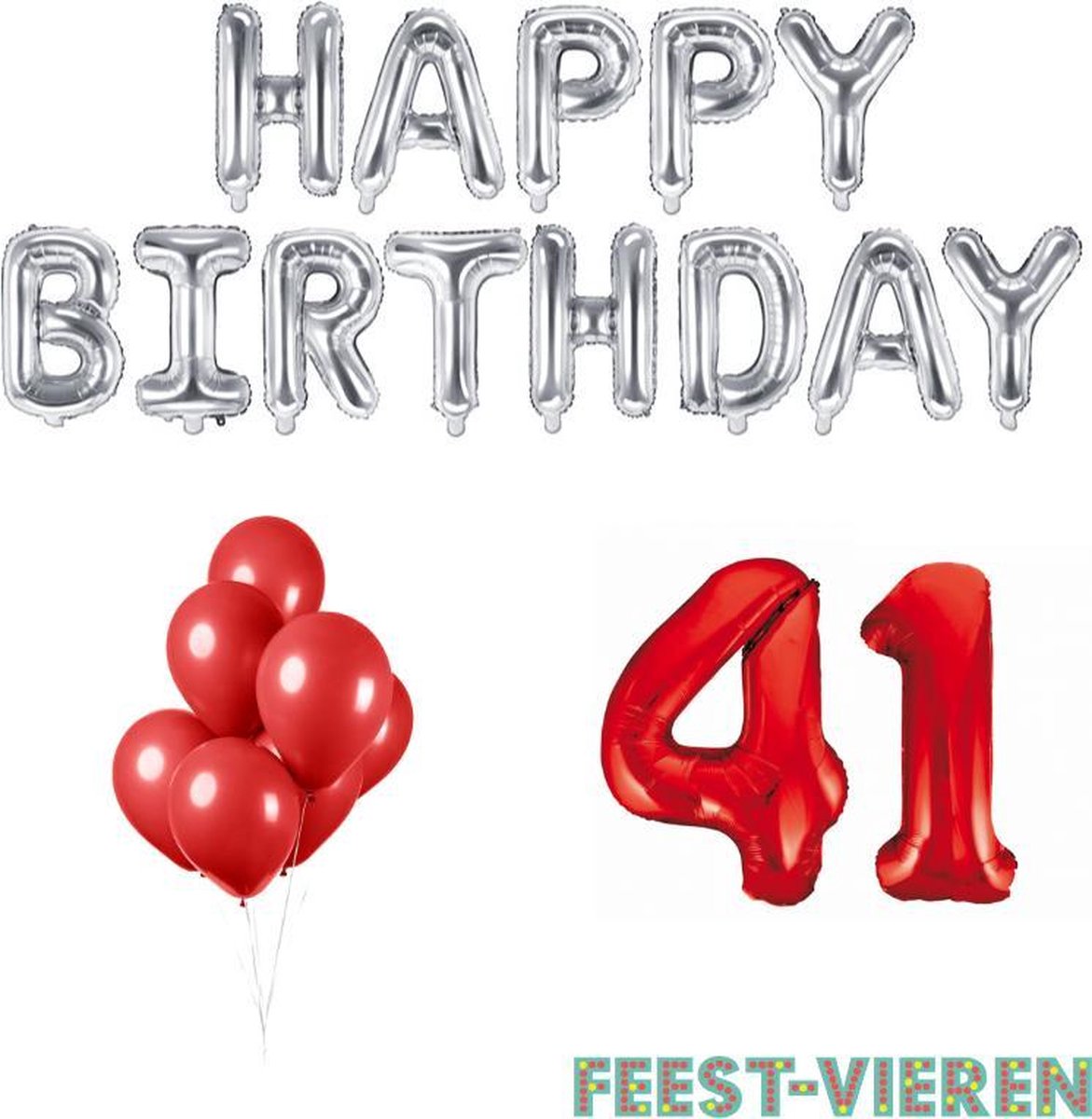 41 jaar Verjaardag Versiering Ballon Pakket Rood & Zilver