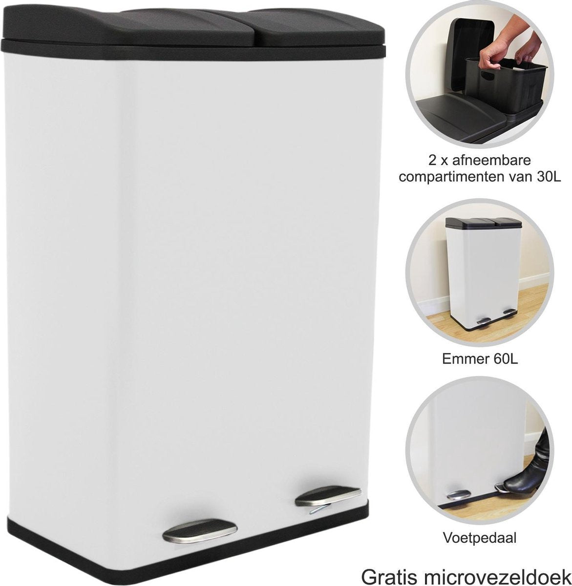 Dubbele Pedaalemmer - Wit -Twee compartimenten - 60 liter algehele capaciteit - Recycling Prullenbak