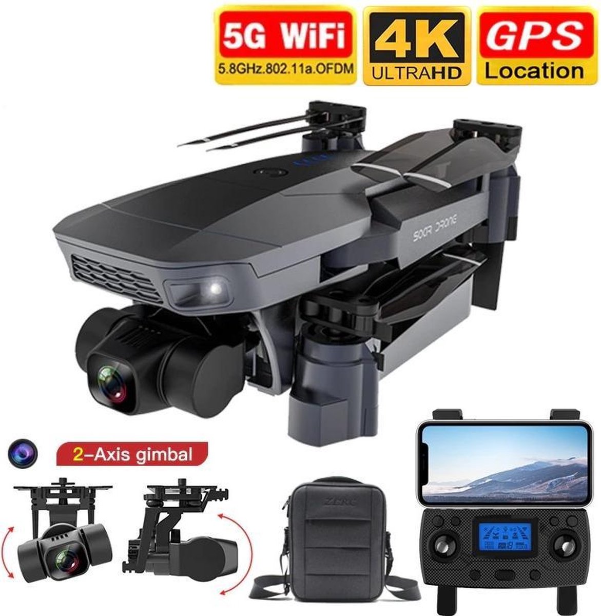 LUXWALLET SG-ProX3 Drone – Quadcopter 2x 4K HD Sony Camera 8MP – 2-Assige Gimbal Stabilisator – Qualcomm Chip - 50x Inzoomen – GPS - 5Ghz WiFI 800 Meter - Reistas + 2x Accu