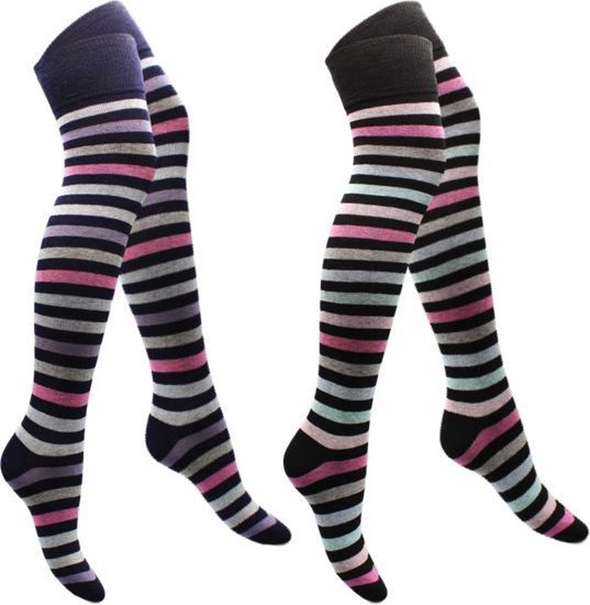 2 paar Overknee - Girls - Gestreept - Zwart-Donkerblauw - 27-30