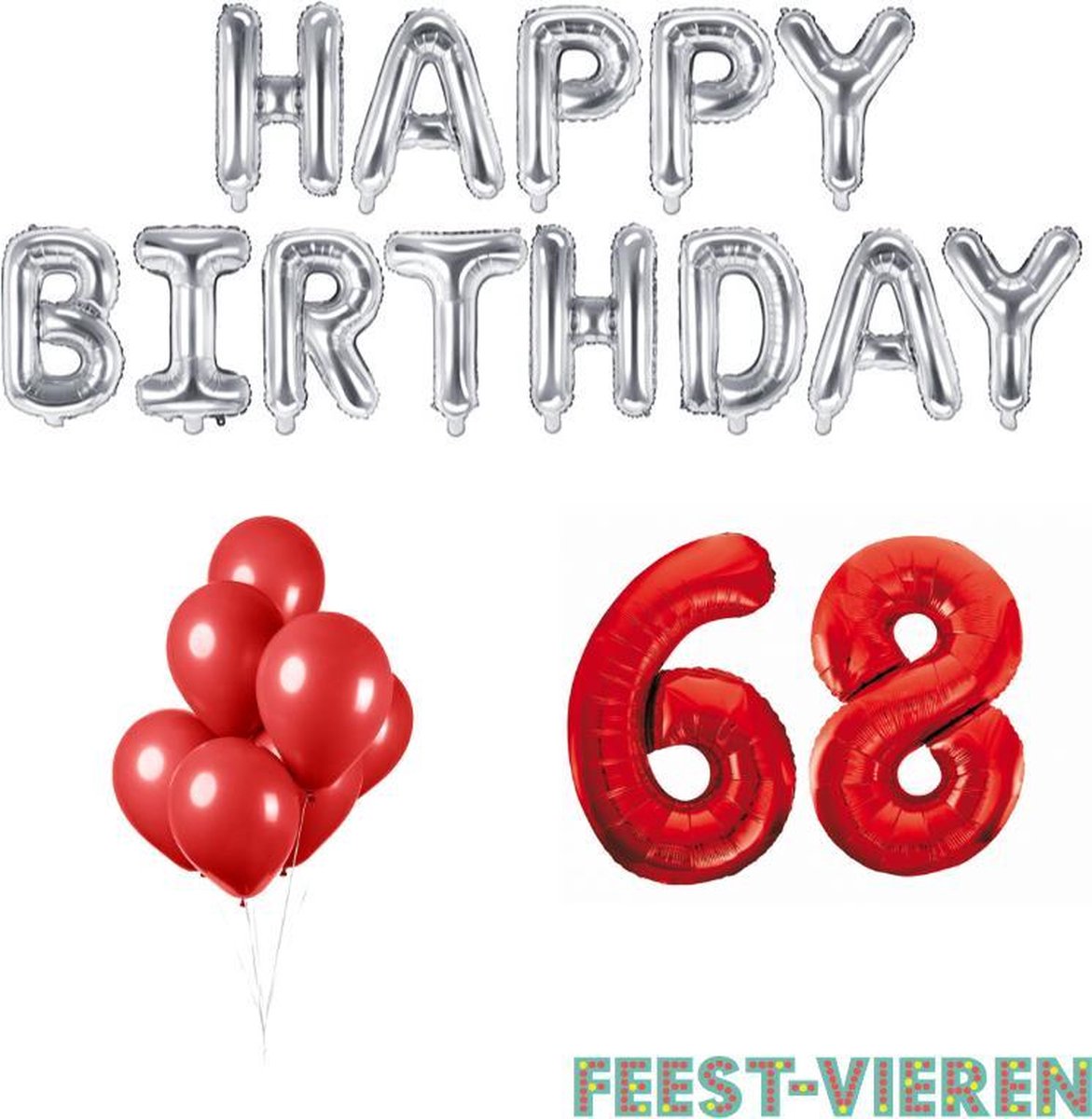68 jaar Verjaardag Versiering Ballon Pakket Rood & Zilver