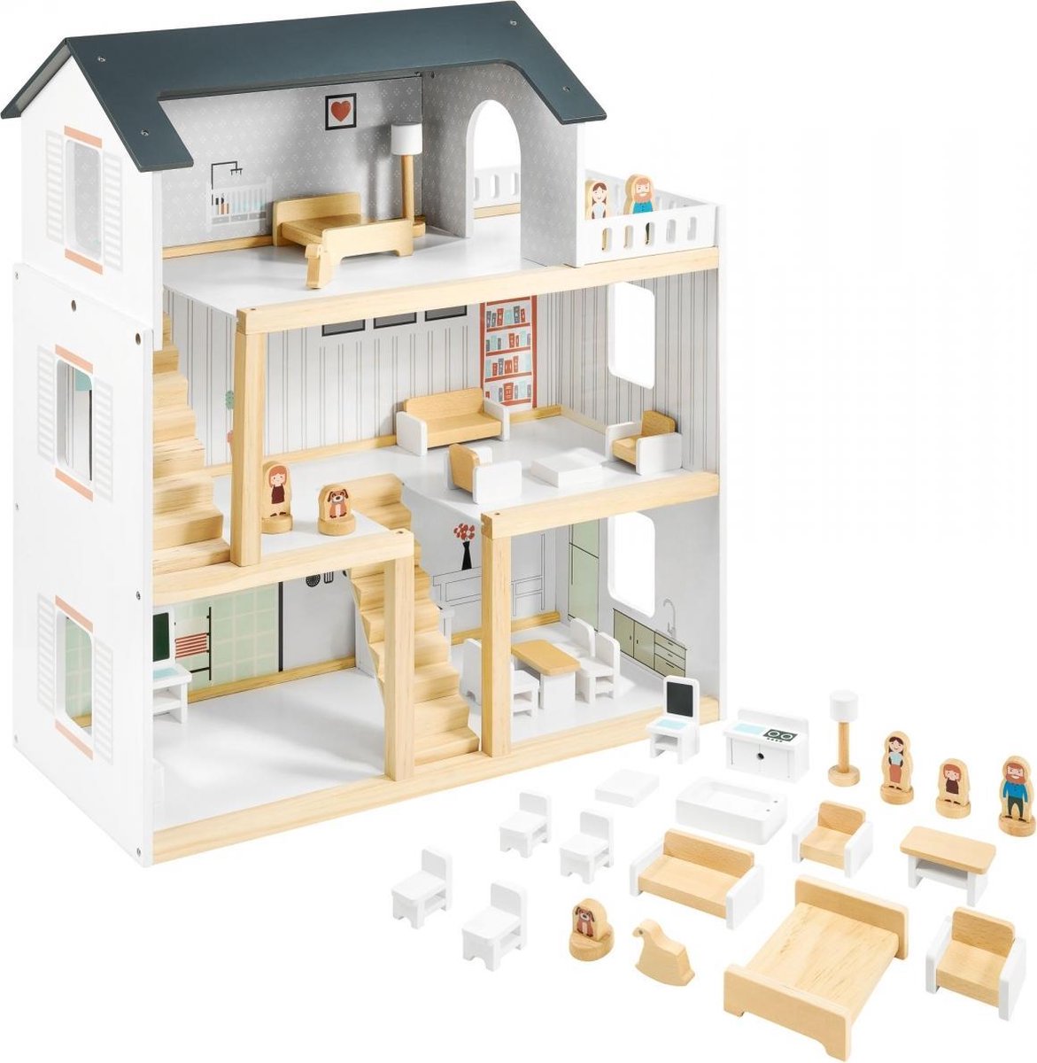 Mamabrum Houten Poppenhuis met Meubels - Wit - Hout
