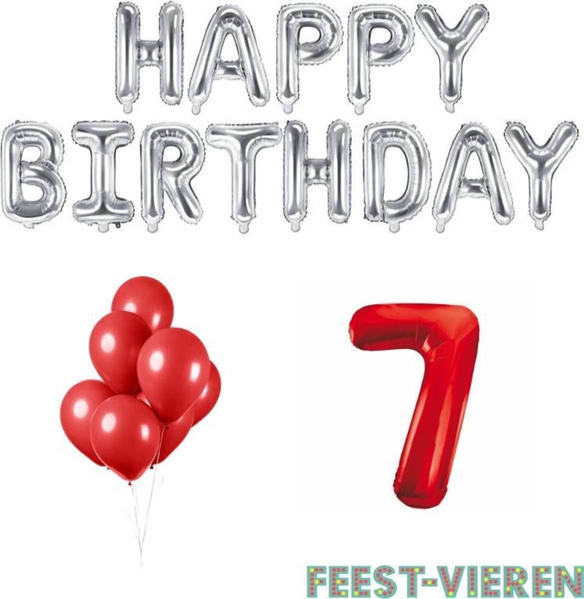 7 jaar Verjaardag Versiering Ballon Pakket Rood & Zilver