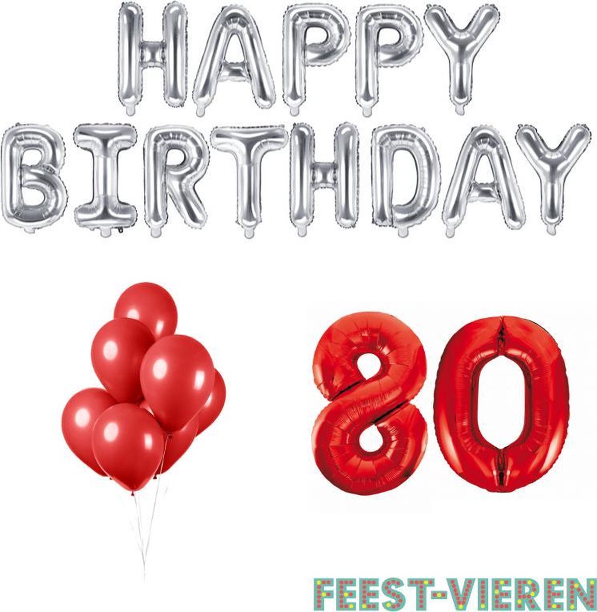 80 jaar Verjaardag Versiering Ballon Pakket Rood & Zilver