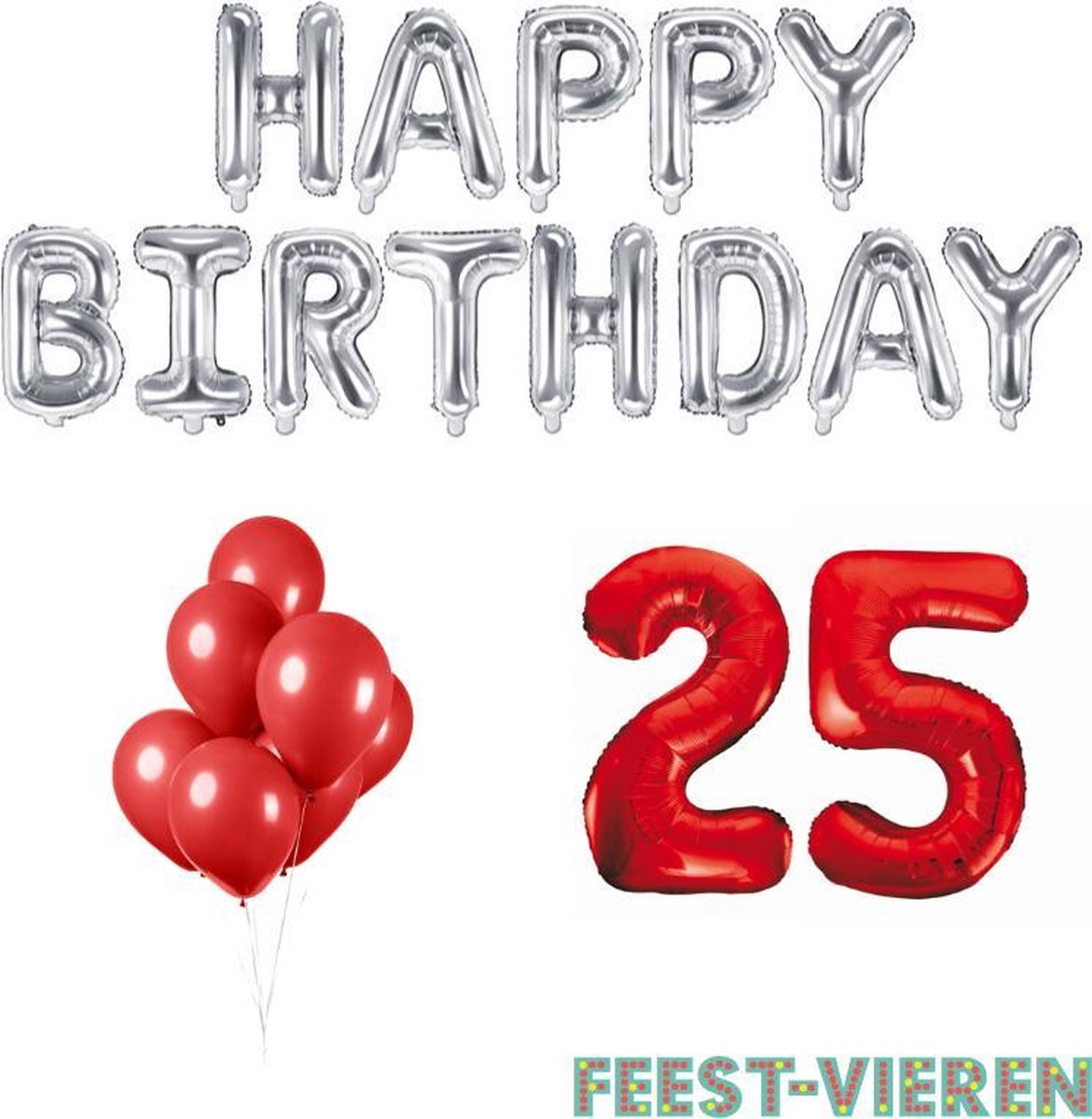 25 jaar Verjaardag Versiering Ballon Pakket Rood & Zilver